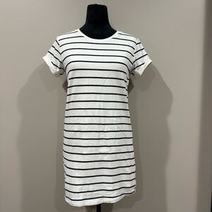 Lulus Cafe Society Black and Cream Striped T Shirt Dress